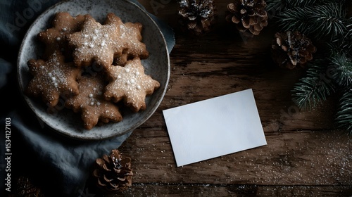 Gingerbread cookies and a blank card mockup on a rustic wooden table