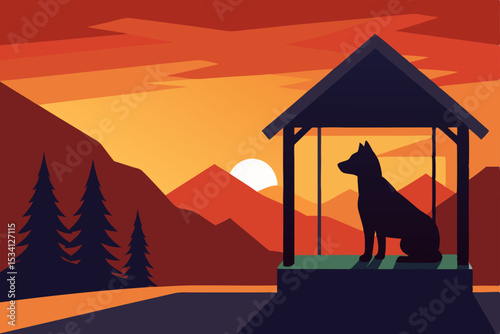 Sunset silhouette of a wild wolf howling at the moon in a desert landscape