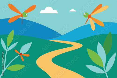 Vector illustration of a vibrant floral design with a summer butterfly and blue ocean water, perfect for a nature-inspired card