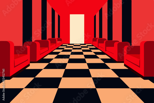 elegant checkerboard corridor interior design red