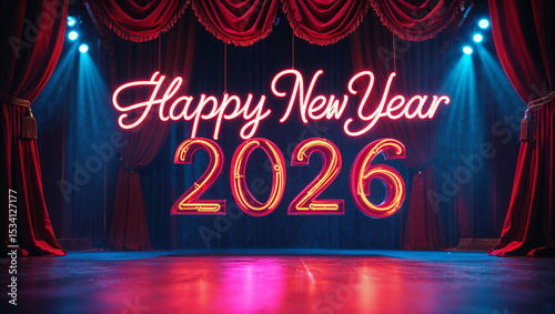 Scritta di capodanno Happy New Year 2026 fatta da tubi di luce al neon sul palcoscenico di un teatro con tende rosse e luci