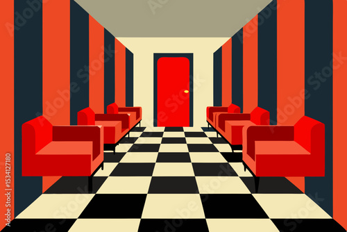 elegant checkerboard corridor interior design red