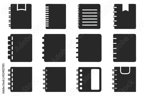 Collection of silhouetted notebooks and sketchbooks in various styles for stationery designs