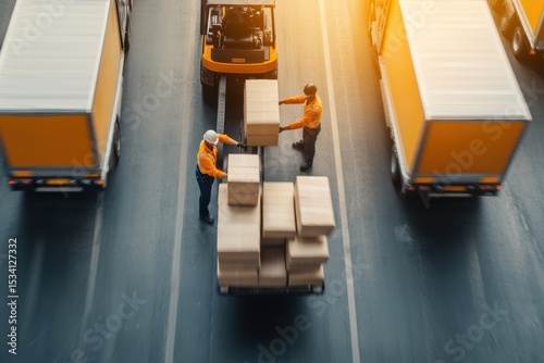 Aerial view of workers loading boxes from a forklift truck onto delivery trucks at a warehouse loading dock, illustrating cargo handling workers and the receiving process at a distribution center.