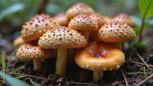 Detailed macro shot of wild mushrooms with bumpy surfaces in natural habitat.