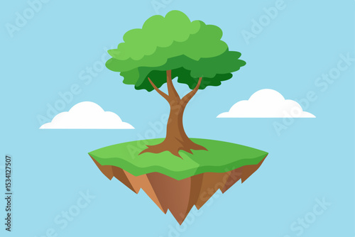 A vibrant cartoon landscape illustrates a solitary tree on a grassy hill under a summer sky with soft clouds