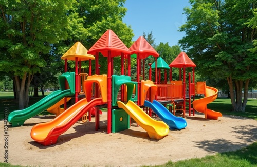 Wallpaper Mural Colorful playground in summer. Modern urban park, slides, ladders, swings for children games. Bright colours, sunny weather. Leisure, recreation activities at outdoor play area. Torontodigital.ca
