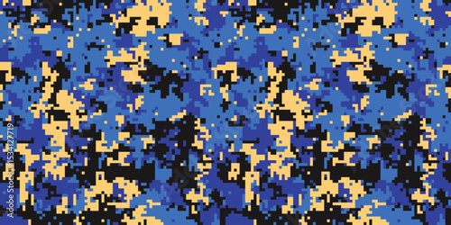 Abstract digital camouflage pattern in shades of blue, black, and beige.  Perfect for backgrounds, textiles, or modern design projects.