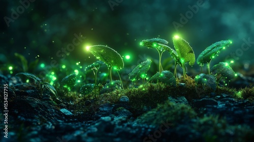 Bioelectricity in Plants Glowing at Night with Futuristic Elements