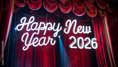 Scritta di capodanno Happy New Year 2026 fatta da tubi di luce al neon sul palcoscenico di un teatro con tende rosse e luci
