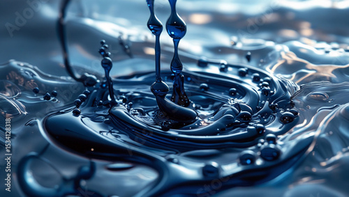 Close up of dark blue liquid droplets falling and splashing into a pool of the same liquid