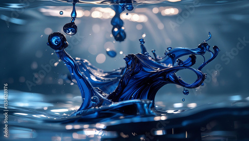 Close up of blue liquid splashing with droplets in water against a blurred light background