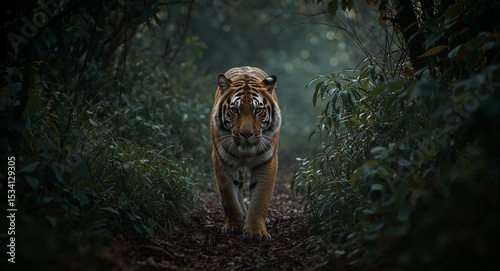 A tiger walking directly towards the camera on a path through a dense green forest setting outdoors
