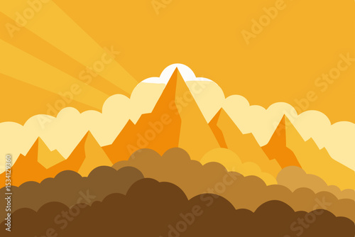 A vibrant vector illustration of a fiery sunset over mountains, capturing the serene beauty of nature's orange sky and summer clouds