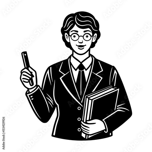 Illustration of a professional woman teacher holding book and pen wearing glasses and suit jacket