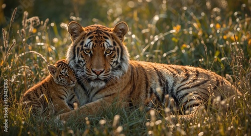 A tiger with a cub lying in the grass in a field on a sunny day with a blurred background