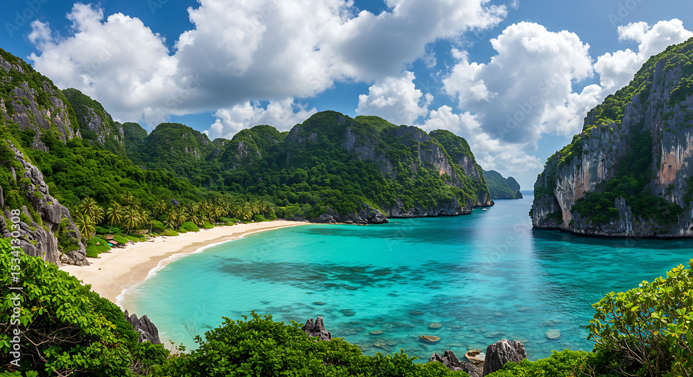 Obraz premium Tropical Paradise Beach with Turquoise Water and Lush Cliffs