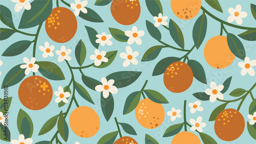 A vibrant citrus grove in full bloom brimming with oranges and delicate white blossoms in seamless