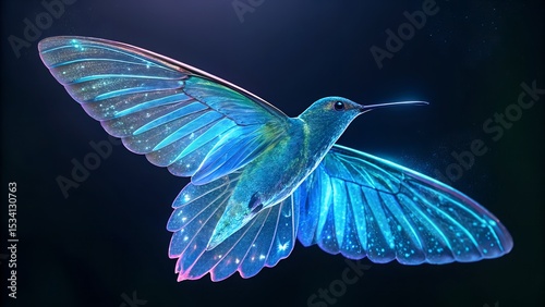 Luminous Iridescent Hummingbird Wings – Transparent Blue Wings on Dark Background Illustration