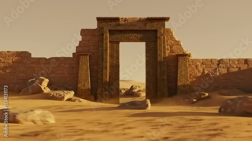 Ancient stone archway in a desert landscape, showcasing ruins under a clear sky with distant hills