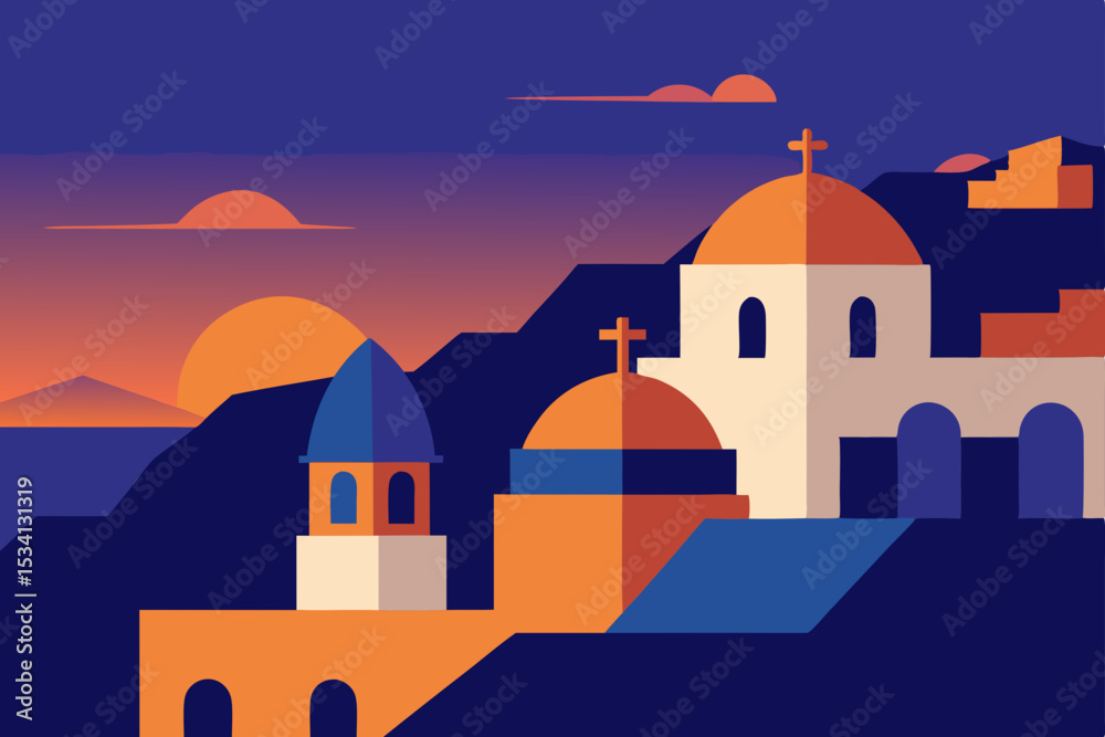 Naklejka premium church in oia village at sunset
