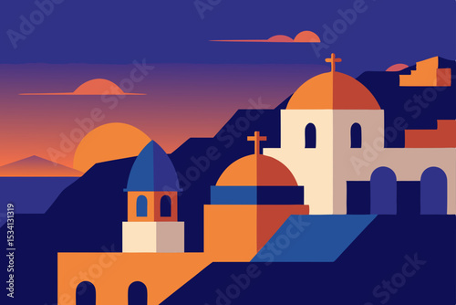 church in oia village at sunset