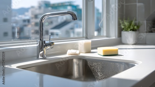 Close-up of a kitchen sink featuring soap creating a clean and fresh environment in a modern domestic space