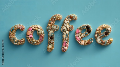 Colorful word formed of natural rocks with rounded letters set against a light blue background in a creative display