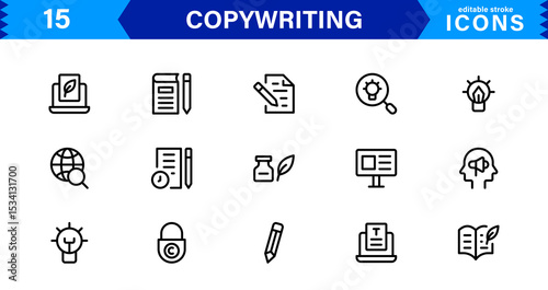 Copywriting Icon Set Featuring Content Creation, Writing, Editing, Marketing, and Communication Symbols in a Professional, Vector-Based Design