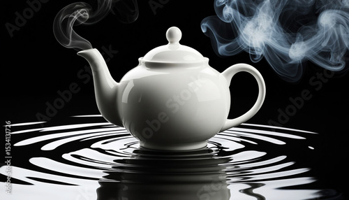 White porcelain teapot with steam on smooth water surface, minimalistic studio shot, contrasting light.
