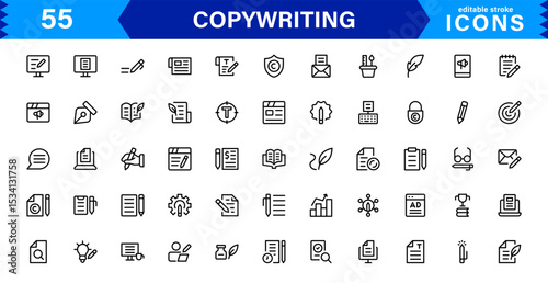 Copywriting Icon Set Featuring Content Creation, Writing, Editing, Marketing, and Communication Symbols in a Professional, Vector-Based Design