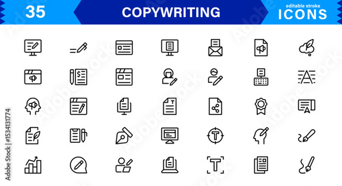 Copywriting Icon Set Featuring Content Creation, Writing, Editing, Marketing, and Communication Symbols in a Professional, Vector-Based Design