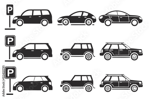 Collection of black car silhouettes with parking signs on white background