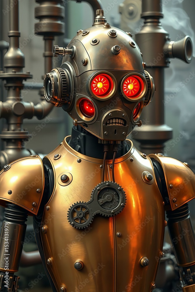 Fototapeta premium Futuristic Cybernetic Humanoid with Glowing Red Circuits and Advanced AI Design | Sci-Fi Robot Head | High-Tech Android Illustration. 