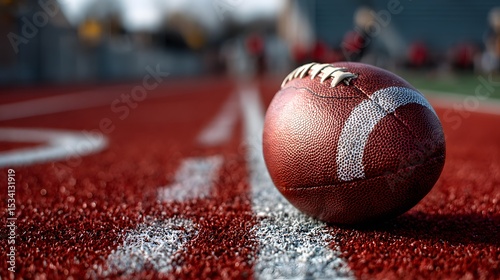 A brightly colored football resting on a green sports field surrounded by white markings and clear summer sky