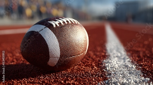 A single football sitting on a lush green field under bright sunlight with clear blue sky in the background