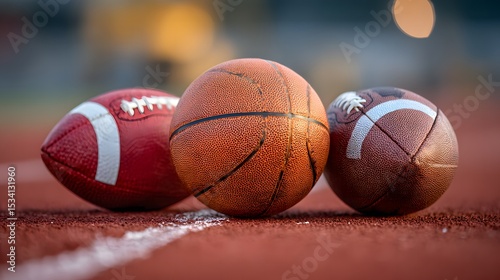 Three colorful basketballs arranged on a bright sports field with one football positioned on the left side