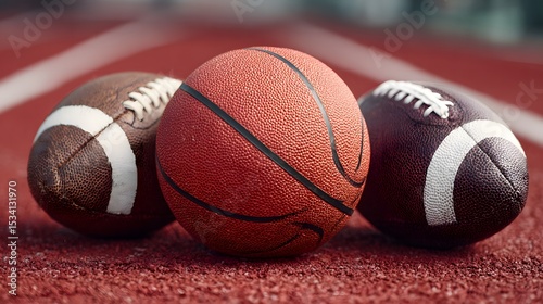 Three basketballs resting on a bright red surface with one football positioned nearby in a sports setting