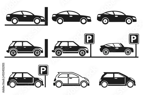 Simple black car icons and parking signs illustrating transportation and automobile concepts