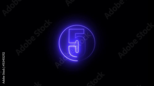 Glowing neon 05 number colorful trendy glowing neon numeric. Square rectangle picture circle with neon blue color motion graphic on isolated black a background.
