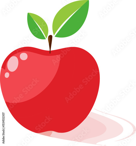 Bright red apple with smooth surface and shiny highlights, fresh green leaves on top, clean white background, minimalistic flat style, modern digital food art with soft shadow and plenty