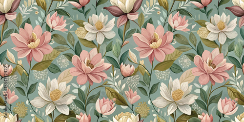 Elegant floral pattern featuring soft pastel colors and botanical details.