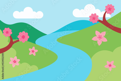 spring landscape with flowers and butterflies