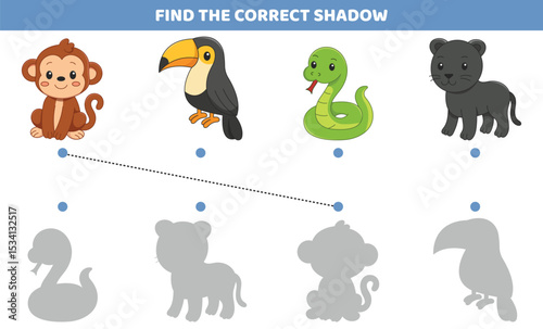 Fun shadow matching activity for kids, cute animals. Educational worksheet in clean black and white style to develop attention and logic