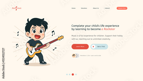 User interface template for a website about a music school for kids with cute characters