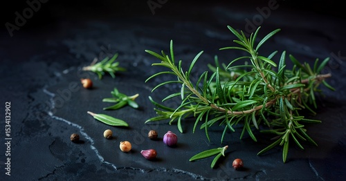 sprig of rosemary with green leaves on black background, aromatic spice for meat and soups, copy space