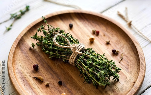 Sprigs of thyme tied with rope on a wooden plate, top vew