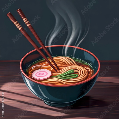 Steaming bowl of japanese ramen noodles