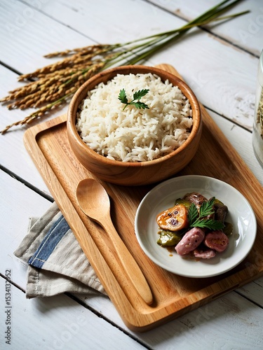 Steamed whole grain traditional thai rice best rice for healthy and clean food on wooden background