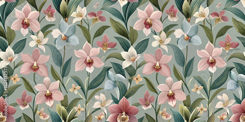 A vibrant floral pattern featuring exquisite pink and blue orchids.